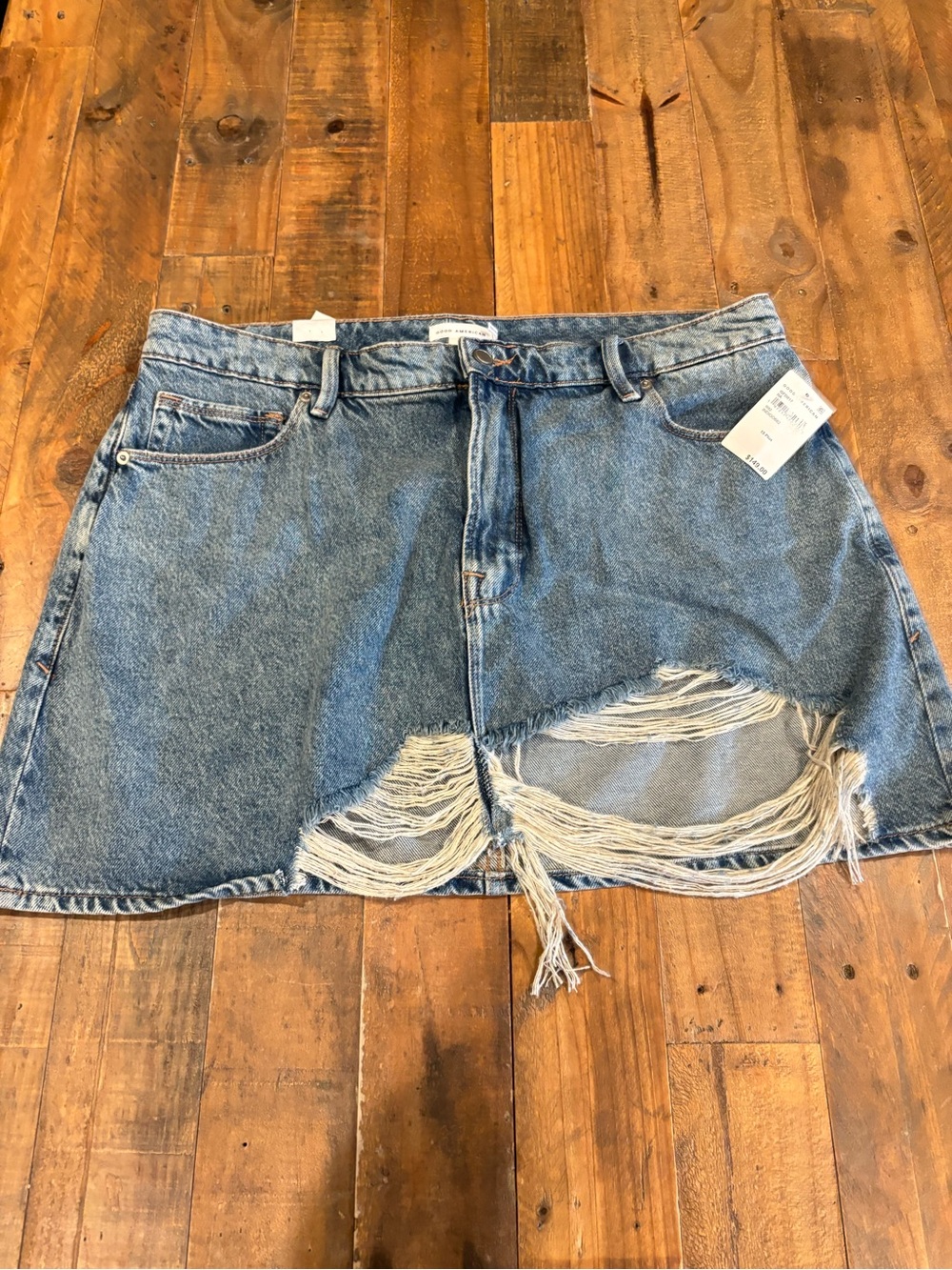 Good American Light Blue Ripped Denim Mini Skirt